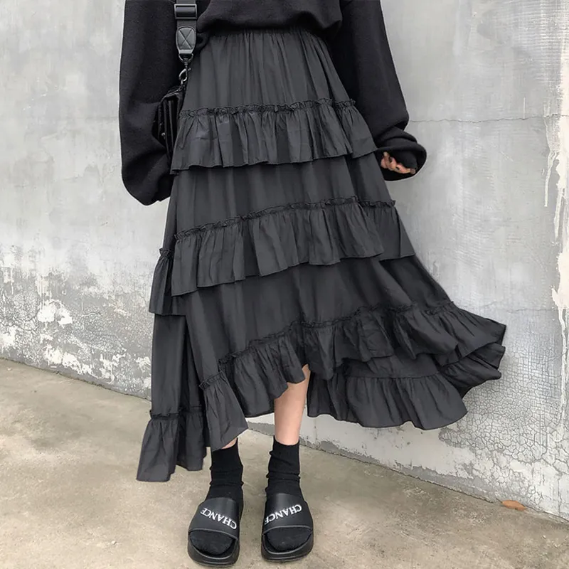 Houzhou Preto Saia Longa Gótico Alta Baixa Ruched Ruffle Cintura Assimétrica Midi Saia Coreano Moda Goth Grunge 220322