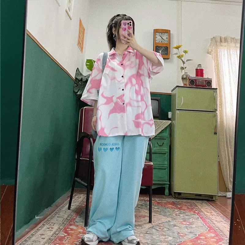 Houzhou原宿ピンクのパンツストリートウェア女性特大高腰ワイドレッグズボン刺繍審美的な緩い韓国のファッション220325