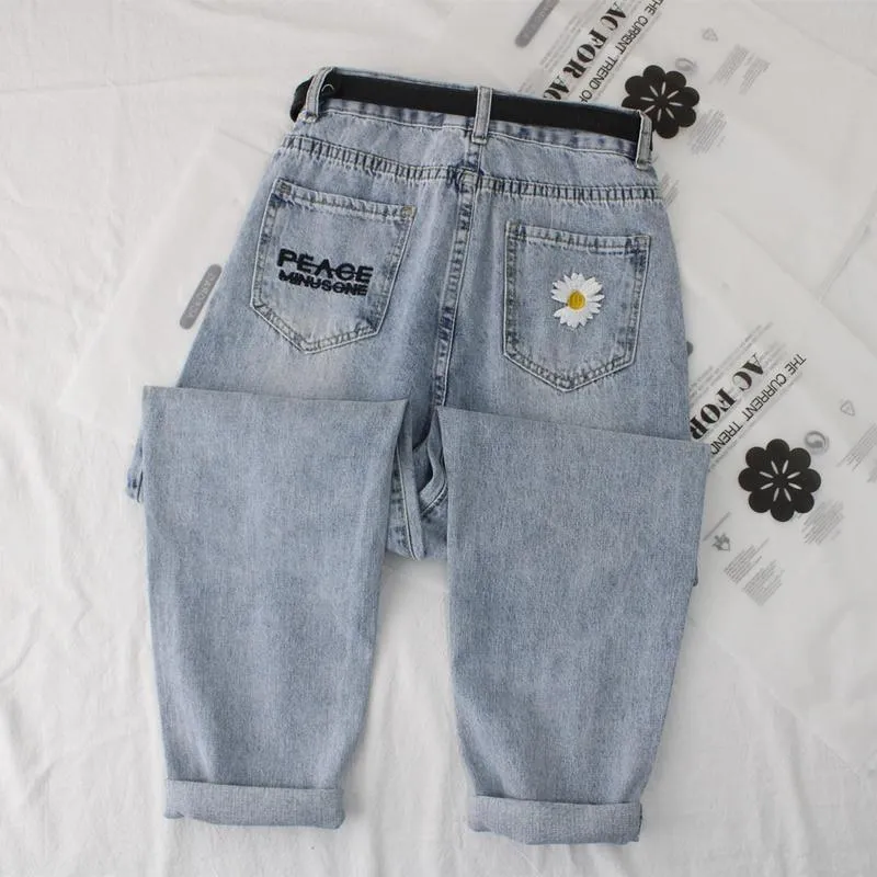 Daisy Embroidery Denim Jean Vrouwen Hoge Taille Jeans Plus Size Harem Broek Mujer Vintage Casual Straight Pant 220330
