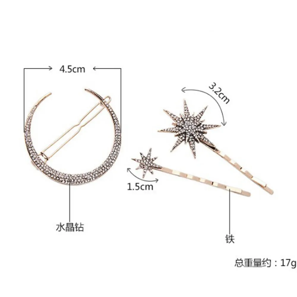 Nova moda Rhinestone Hair Clip Geometric Star Moon Shape Hairpin Crystal Hair Acessórios para mulheres