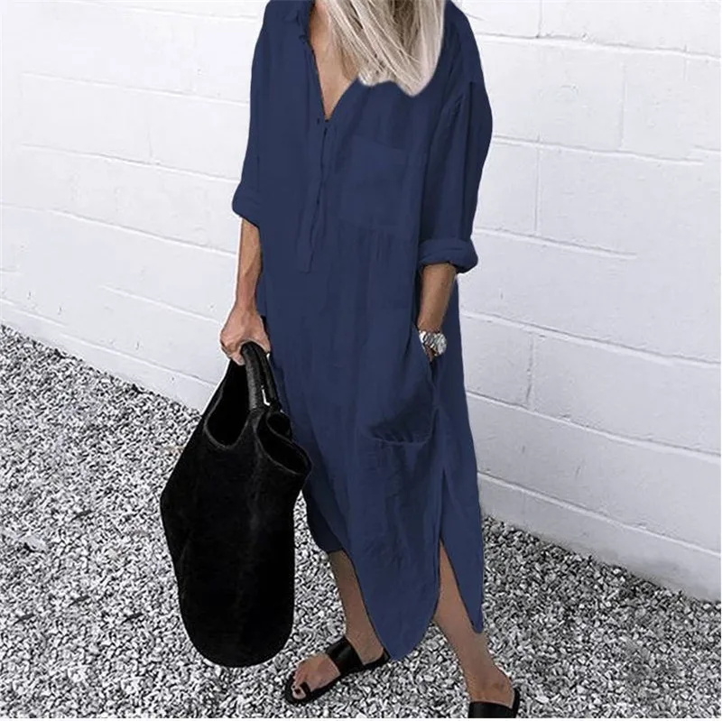 Casual Shirt Dress Women Solid Long Sleeve Loose Dresses stänger av krage -knappen SIDA SUNDRESS Kvinnlig Tunic Robe Vestidos 220720