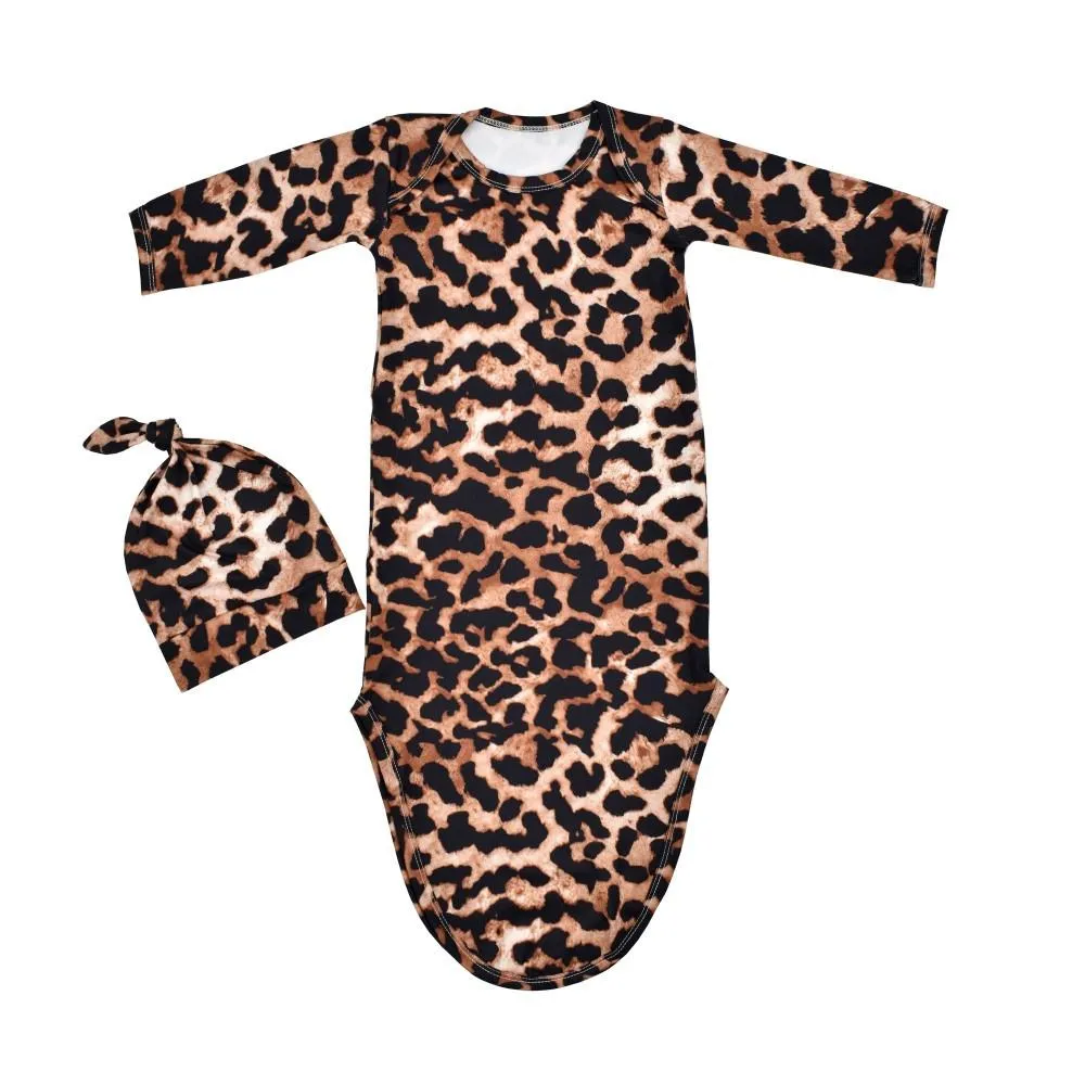 Newborn Baby Home Outfit Knotted Gown Florals Leopard Printed Fishtail Sleeping Bag Hat Set