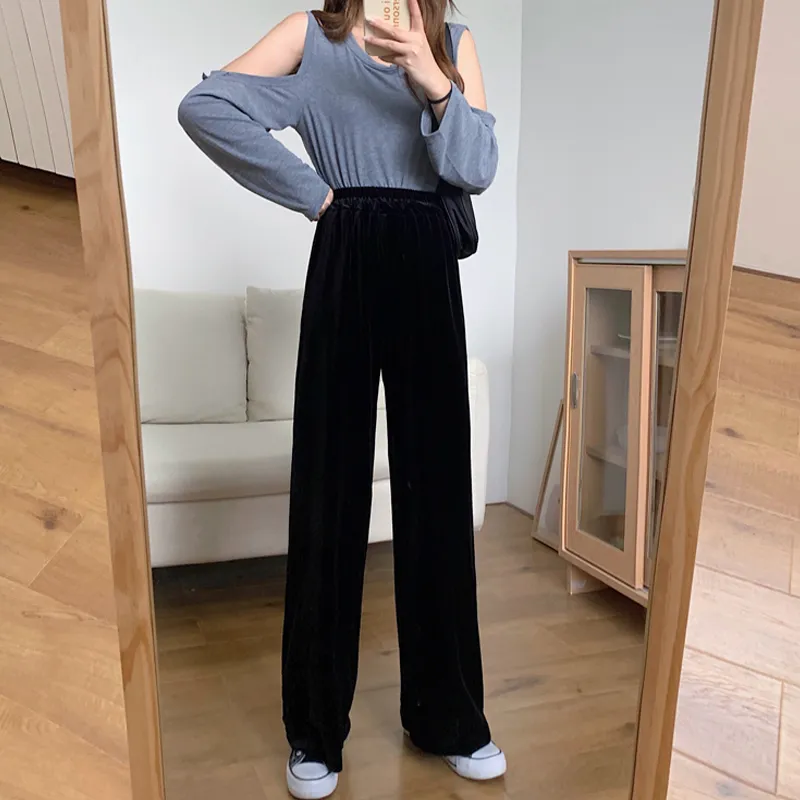 Autumn Straight Velour Women Pants High Waist Casual Wide Legs Black Purple Loose Female Fashion Student Trousers 220325