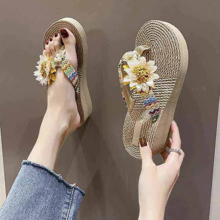 Zapatillas de mujer de verano 2022 Nueva cuerda de cáñamo Sandalias de moda Chanclas de flores Playa Casual Zapatillas de tacón alto Zapatilla Mujer Y220412