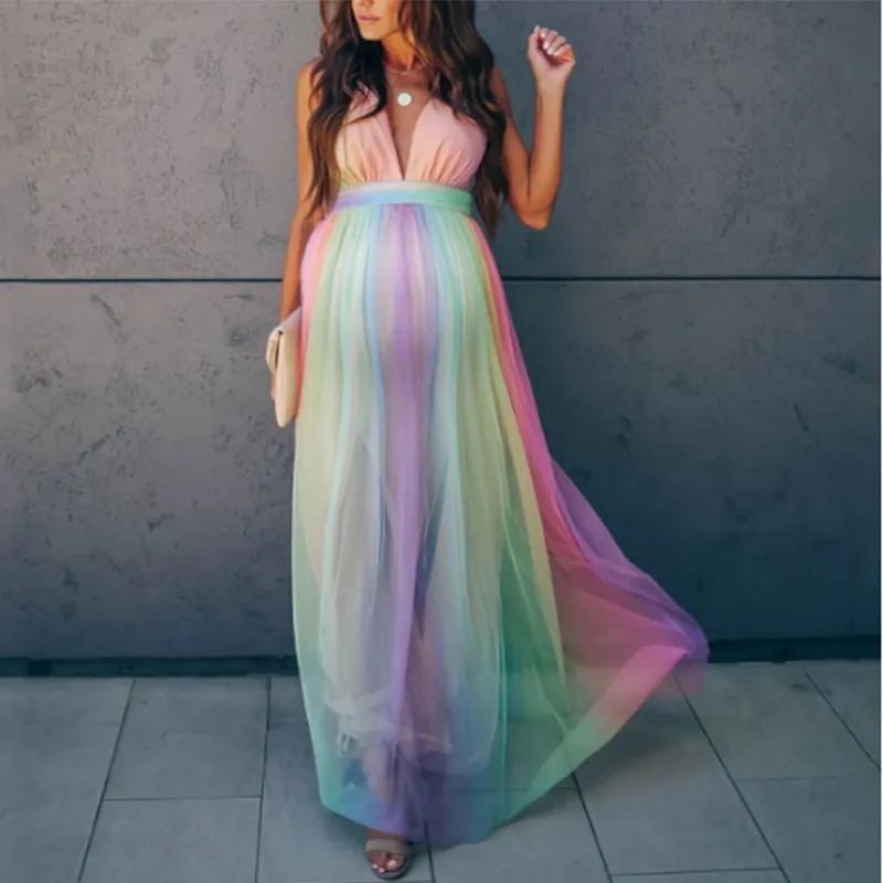 Sexy Moederschap Jurken Pography Lange Zwangerschap Po Shoot Prop Voor Babyborrels Party Rainbow Tulle Zwangere Vrouwen Maxi Gown 220331