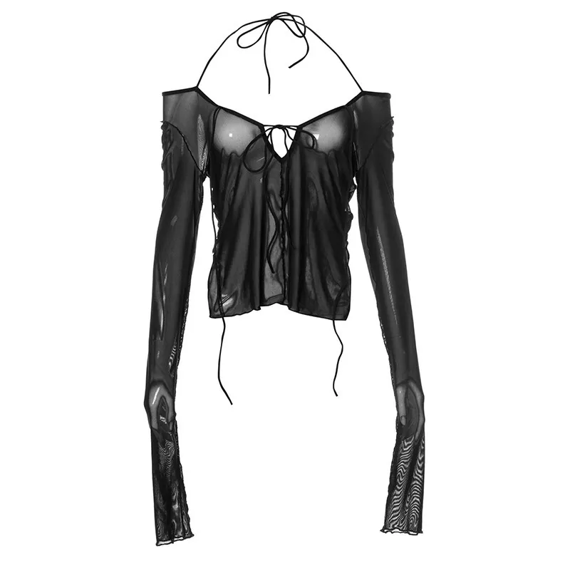 See Through Sexy Grunge Top da donna Punk Gothic Mesh T-shirt da donna Hip Hop Manica lunga con scollo a V Lace Up Y2K Kpop Camicie estetiche 220516