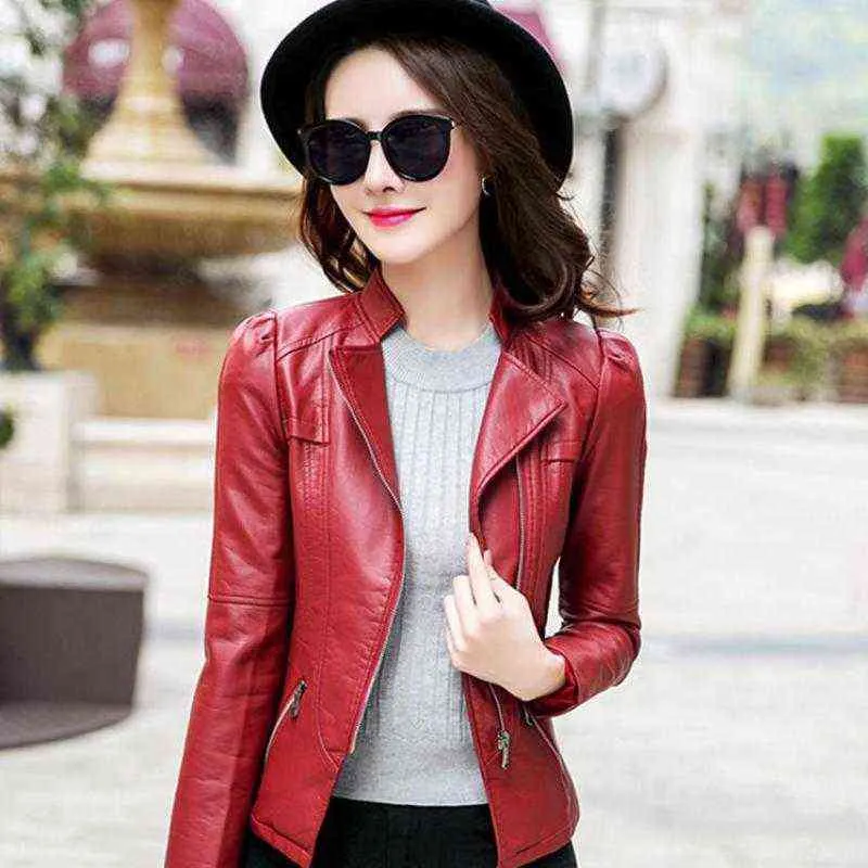 WEIHAOBANG Autumn Winter Small Leather Clothes Women's Solid Color Short Lapel Slim Pu Motorcycle Jacket Long Sleeve Coat L220801