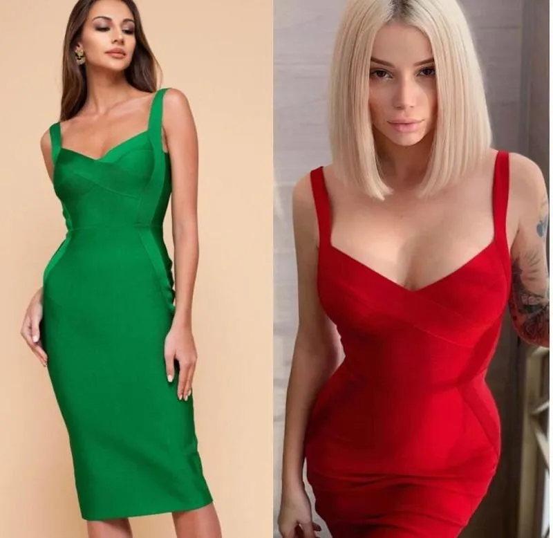 Wysokiej jakości Różowy Zielony Czerwony Bodycon Kolana Długość Rayon Bandaż Dress Suknia wieczorowa Vestidos 220406