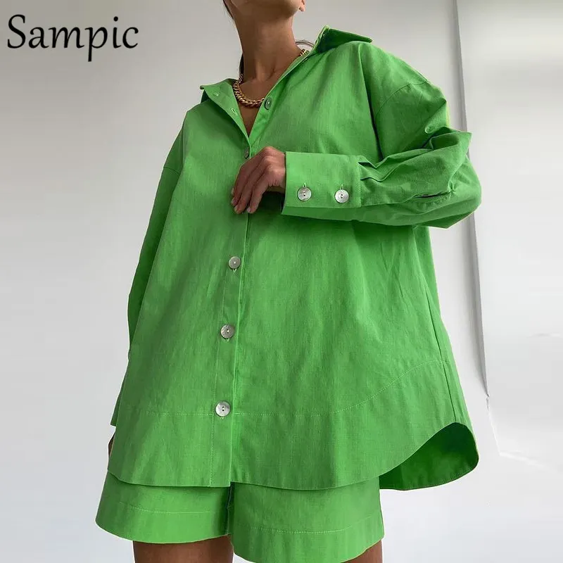 Sampic Casual Long Sleeve Shorts Matching Set Women Tracksuit Loose Shirt Topps and Mini Shorts Two Piece Set Lounge Wear 220602