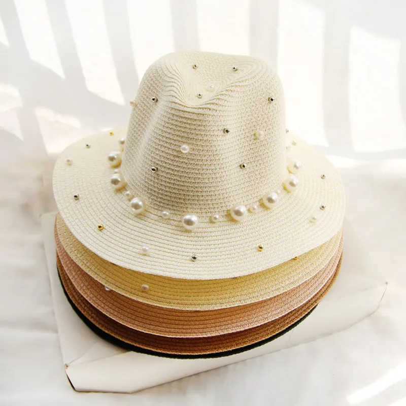 Summer Straw Sun Hat Pearl Visor Trilby Jazz Women Chapeau Femme Male Fedora Elope Beach Sun Panama Hat 220513