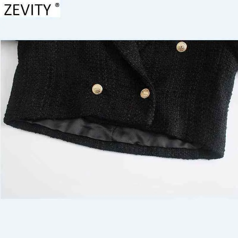 Zevity Women High Street Double Bravatalı Siyah Tüvit Kısa Kısa Blazer Coat Vintage Dişi Dış Giyim Şık Mahsul Takım CT823 T220714