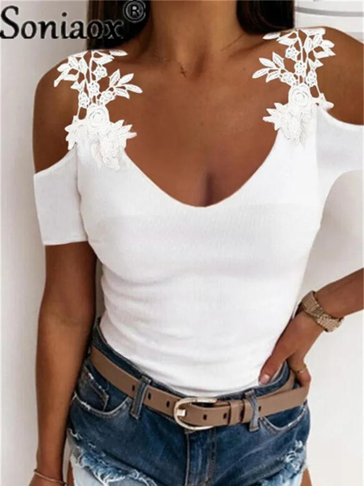 Summer Lace Petal Short Sleeve Solid Color Ladies T Shirt Women Overize Off Shoulder V Neck Slim Casual Tops Tee Tunic 220728