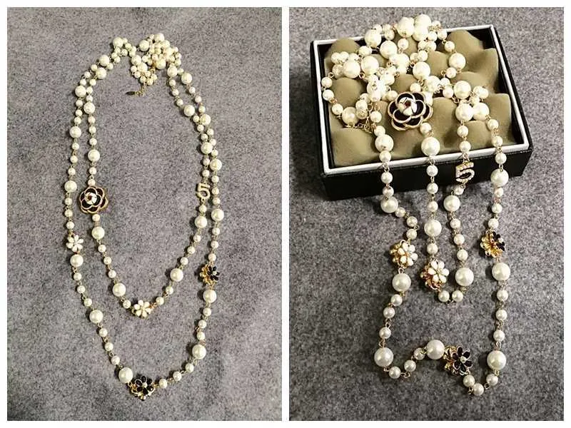 Mimiyagu lange Halskette mit simulierten Perlen für Damen, doppellagiger Anhänger, Pulloverkette, Party-Schmuck211Z