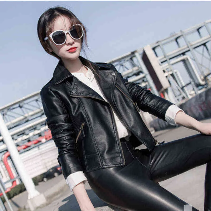 Faux Leather Motor Bike Jacket Women Short Coat Long Sleeve Autumn Winter Tops 2022 Slim Fit Koeran Style Black PU Outwear L220801