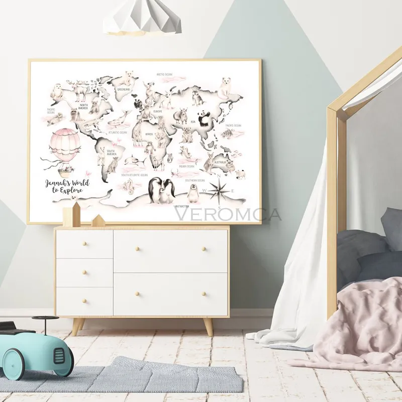 Cartoon Animals Mapa Mapa Świata plakat ścienny do pokoju dziecięcego Dekoraz dzieci