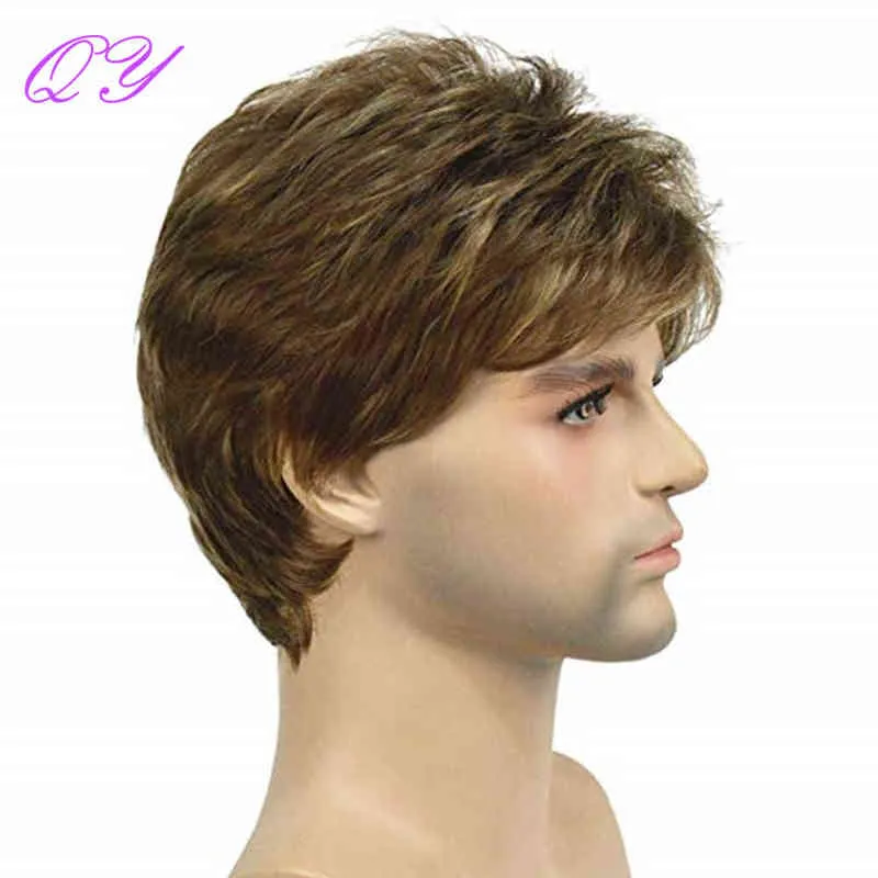 Hair Hair sintético ombre marrom linho cor curto reto da peruca masculina estilo de moda natural para homem diariamente ou partido tamanho ajustável 0527