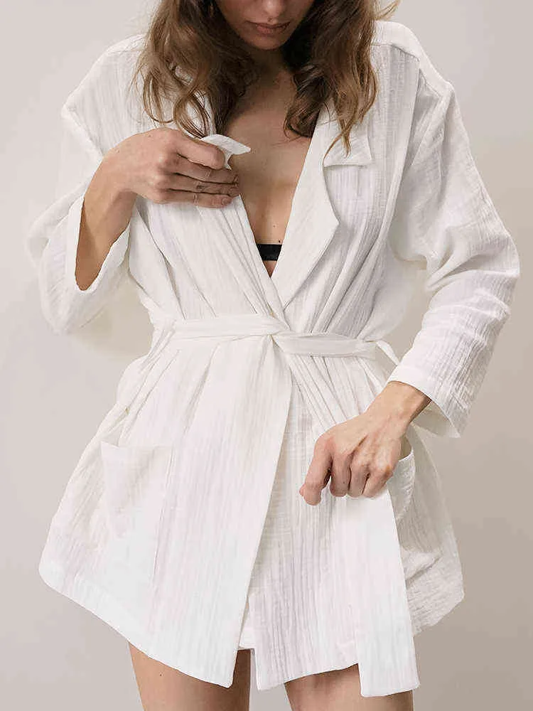 Hiloc dubbele zakken katoenen pyjama met shorts sets dames outfits witte kleding met lange mouwen voor vrouwen pyjama's 2022 nachtkleding l220803