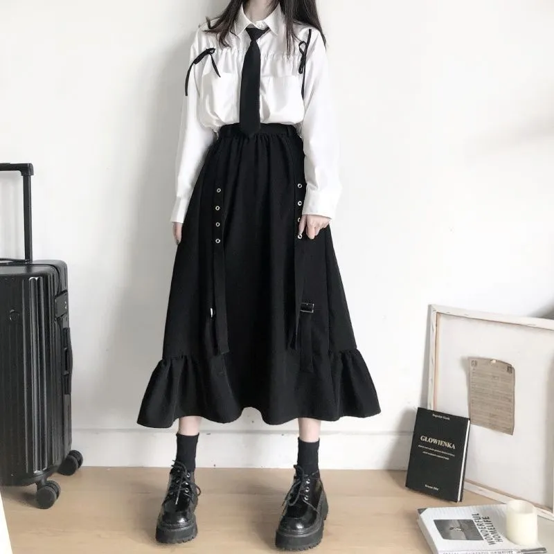 İlkbahar / Sonbahar Kadın Etekler Yüksek Bel Öğrenci Kore Tarzı Koyu Vintage Fırfır Uzun A-Line Etek Moda 220401