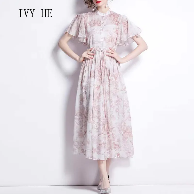 Ivy He Summer Za Women s klänningskläder Elegant ljusrosa Petal Sleeve Print DrawString Vintage Casual Party Dresses Traf 220613