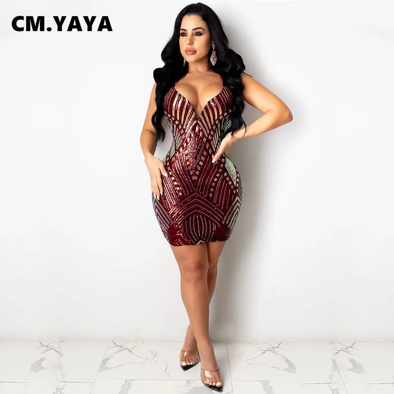 CM.Yaya Kadın Sequin Bir Ekleme Açık Dantel Yukarı Spagetti Kayışı V Yastık Bodycon Midi Elbise Seksi Kulüp Partisi Mini Elbiseler Vestidos 220516