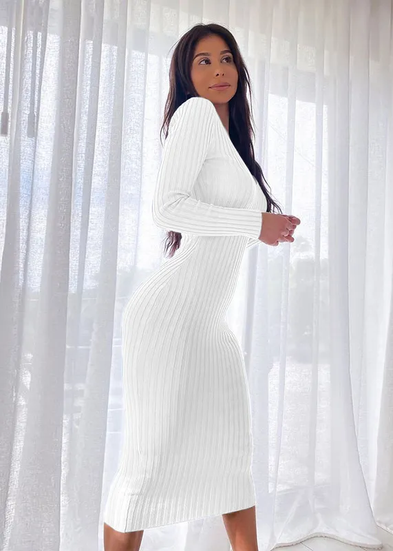 Femmes automne solide côtelé Maxi robe tricotée col en V Sexy mince élastique basique longue moulante hiver hors épaule blanc es 220521