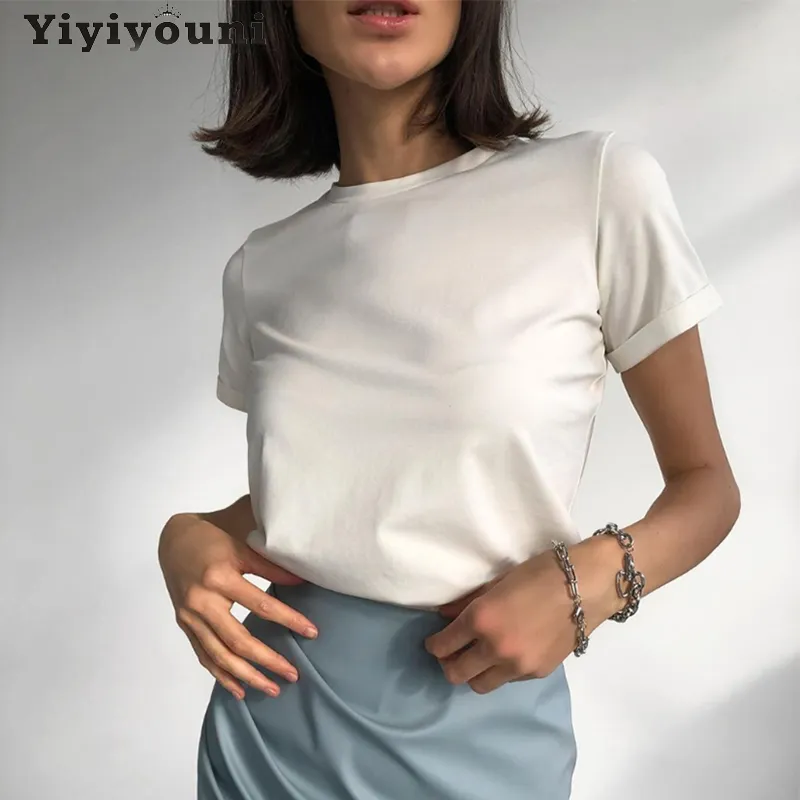 Yiyiyouni Solid Casual Basic T-shirt Dames Zomer Korte Mouw Katoen Tee-shirt O-hals Zwart Wit Koreaanse Tops Vrouw 220321