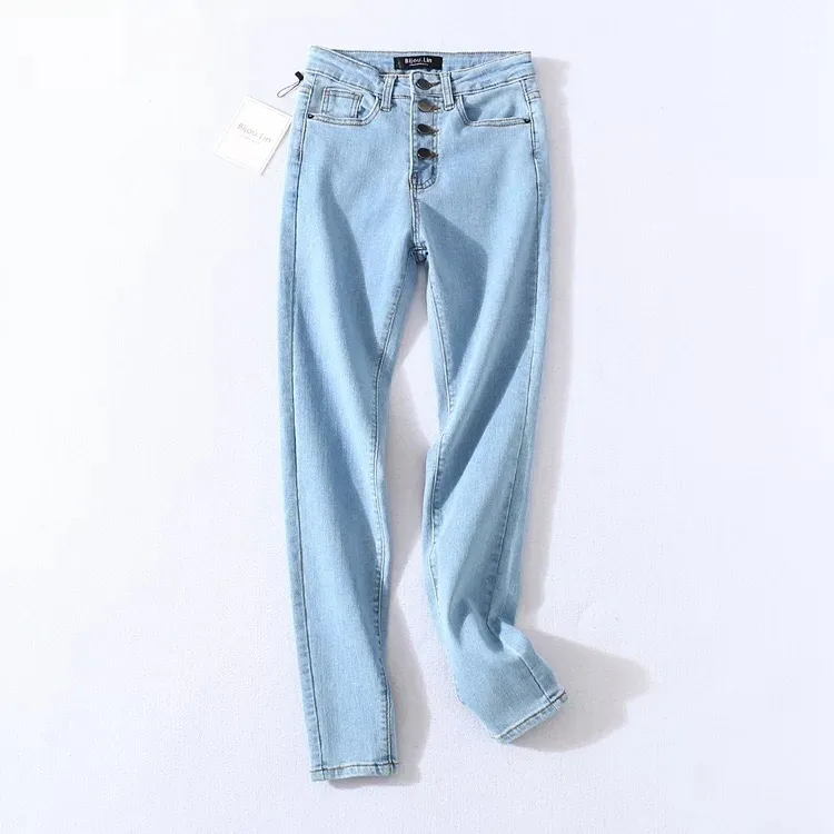 Vintage Skinny Jeans mit vier Knöpfen und hoher Taille, Bleistiftjeans für Damen, schmale Passform, Stretch-Hose, volle Länge, enge Denim-Hose 220810