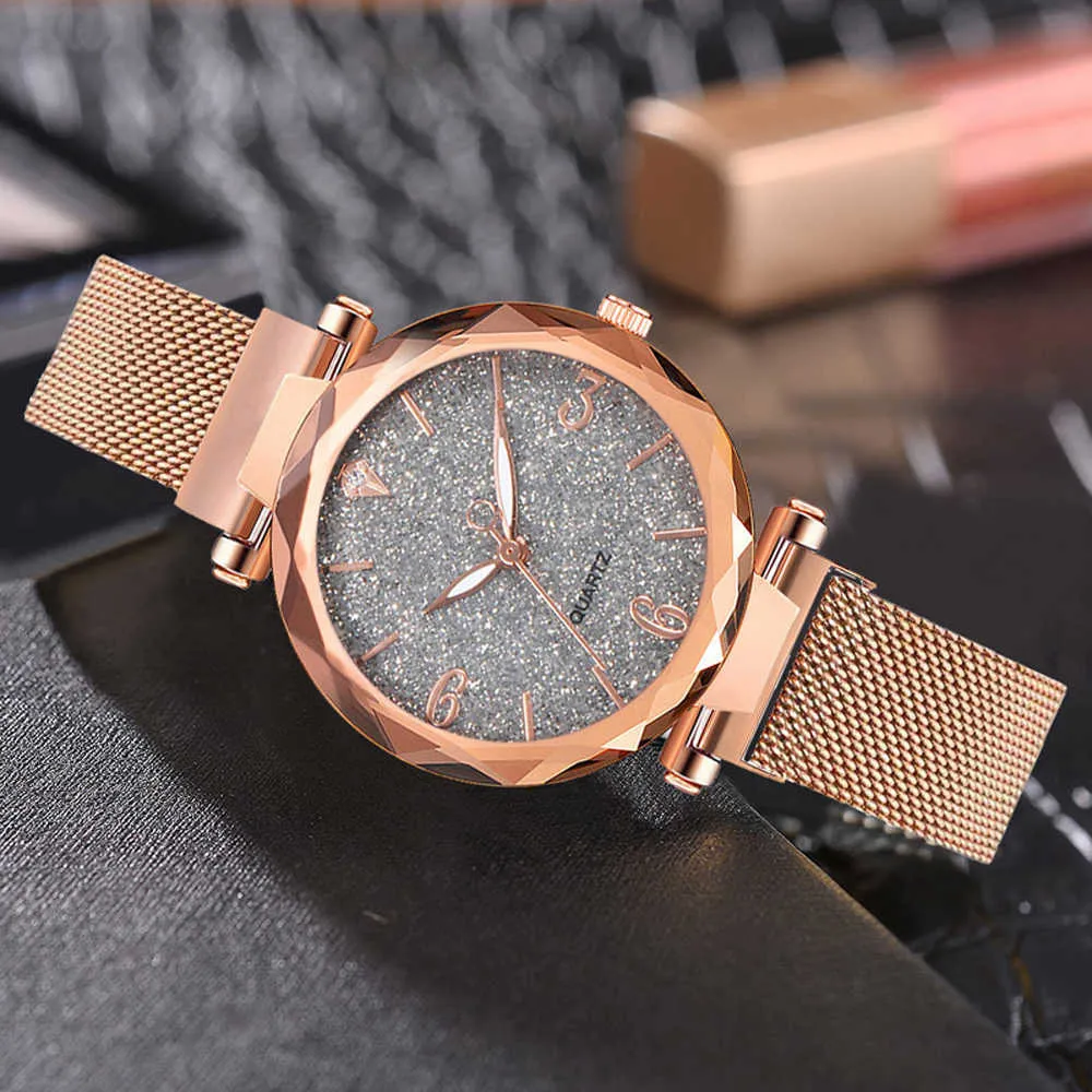 Rose Gold Women Watch 2022 Top Marka Luksusowe Magnetyczne Gwiaździste Niebo Lady Wrist Watch Siatki Kobieta Zegar na Dropship