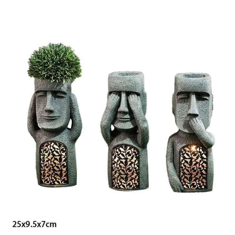 No See/Hear/Speak Evil Garden Easter Island Statue Flower Pot with LED Light Sculpture Planter Outdoor Decoration H220423