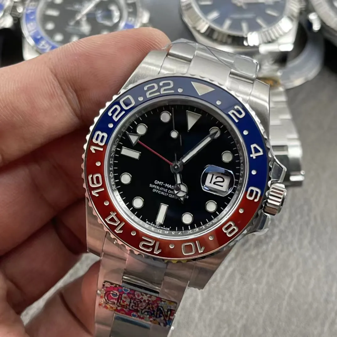 Clean Watch Herrenuhren 3186 ODER 3285, zwei Uhrwerke, 40 mm, roter und blauer Keramikmund, Batman-Linkshänder B2235O
