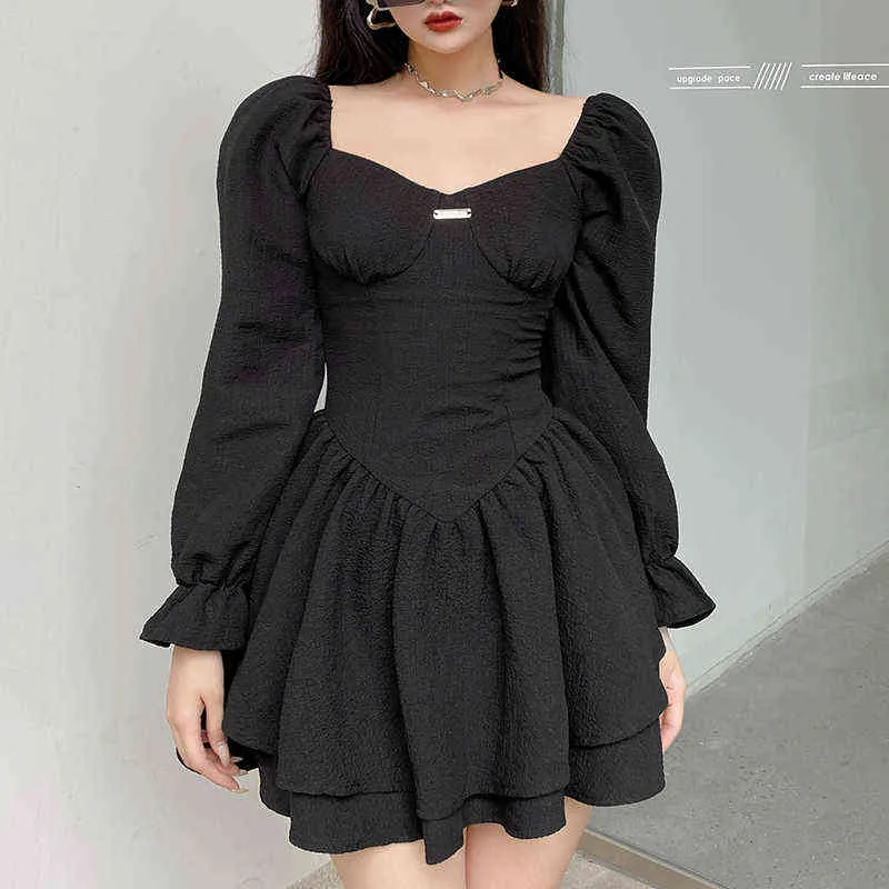 Fashion Female Puff Sleeve Dress Elegant Corset Vestidos Sexy Pleated Dress Mini Double Layer Party Wear Square Neck Clothes L220706