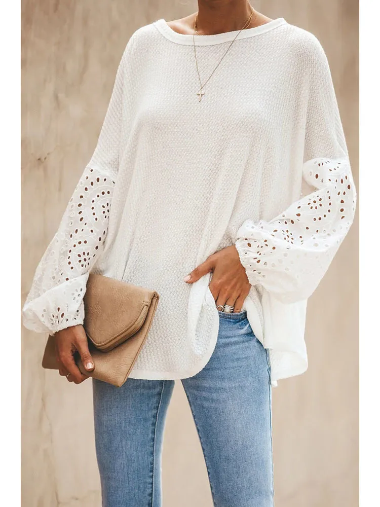 Elegant Lace Long Sleeve Shirt Women Vintage Hollow Out O-Neck Solid Tops Autumn Female Casual Top T-Shirt 220411