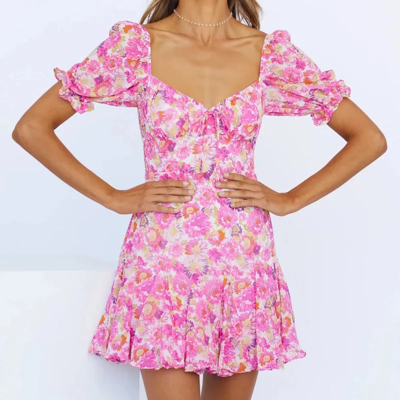 Mini robe d'été à fleurs rose pour femmes, style Boho, col en v, manches courtes, ourlet à volants, sexy, robe de soirée, 2, moulante