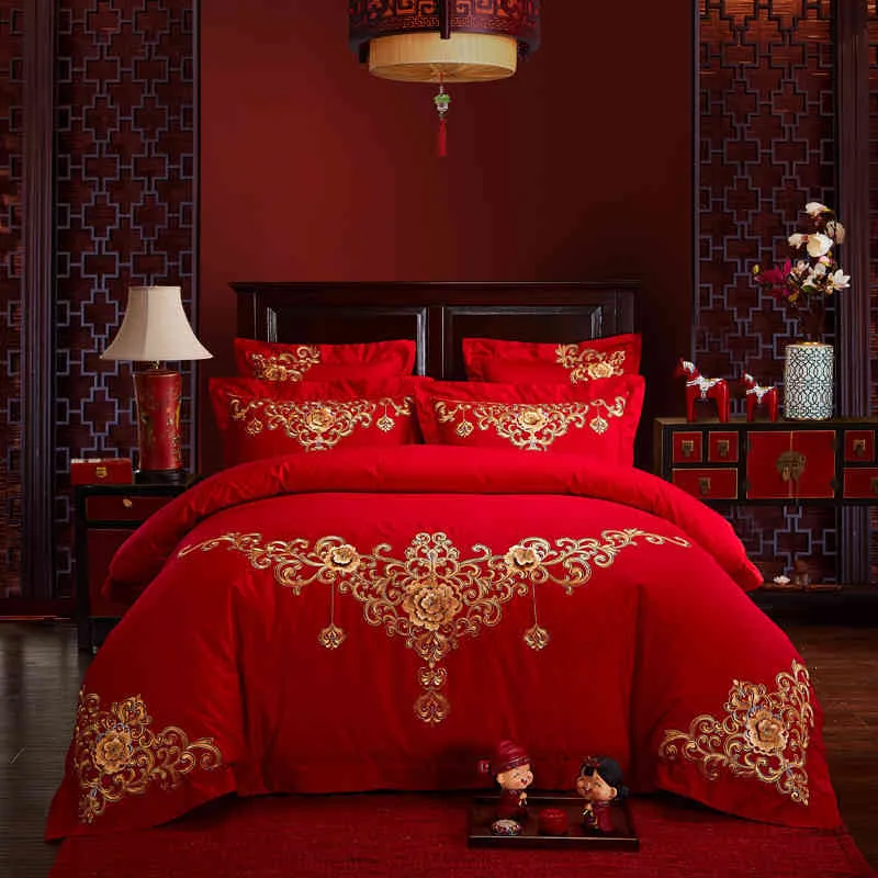 Embroidered Wedding Four Piece Set Jacquard Big Red Multi Cotton Bedding