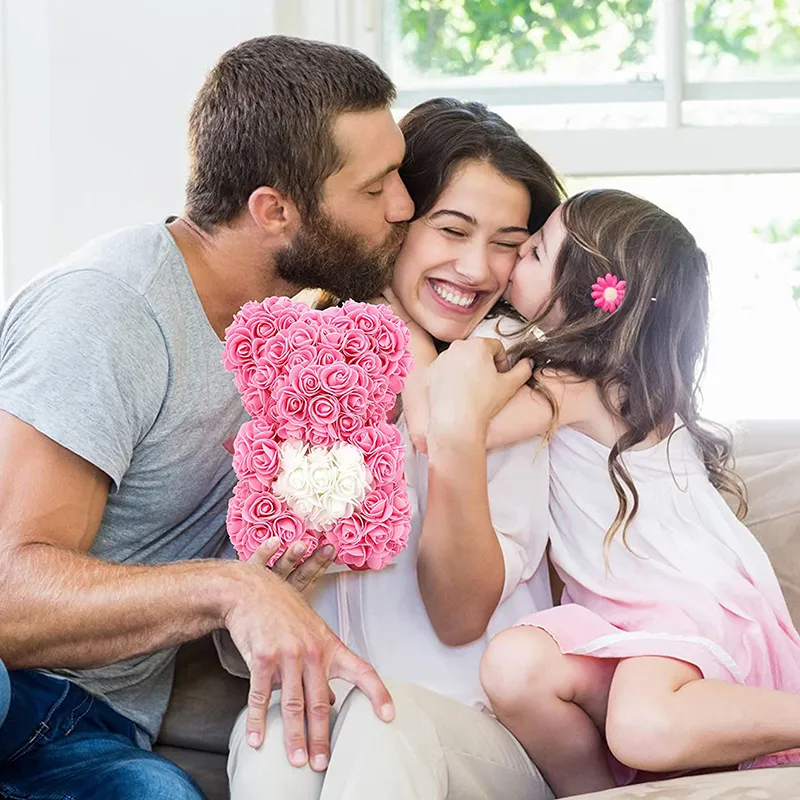 Cadeau pour elle ours en peluche de roses fleurs de savon artificielles roses ours jouet avec sac à main lumière LED cadeaux de fête des mères pour filles femmes 220406