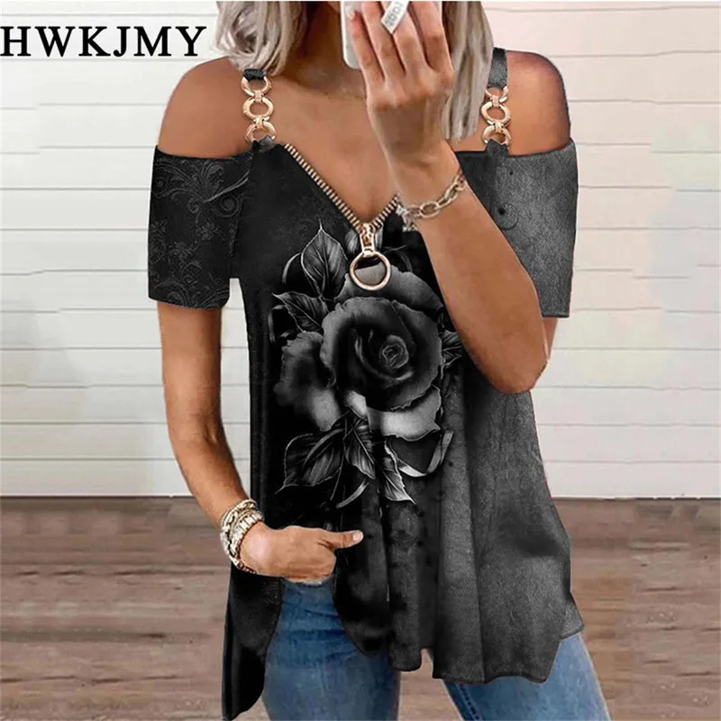 Women Summer V-neck Zipper Shirt Rose Print Chain Strap Off Shoulder Blouse Woman Clothing Short Sleeve Streetwear Tops 220407