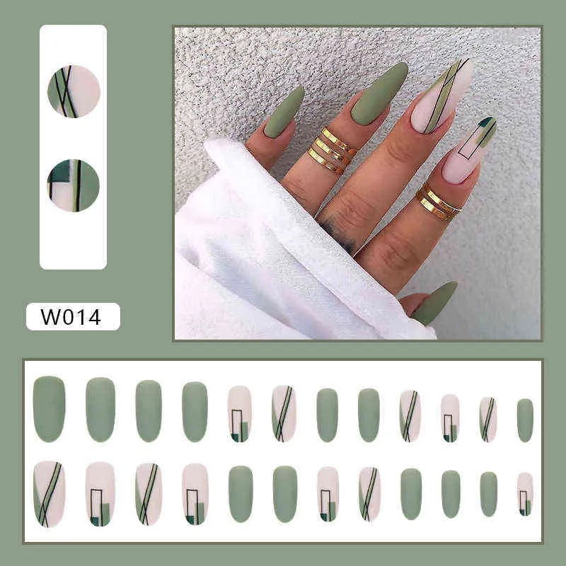 False Nails Matte Green Patch with Glue Removable Long Paragraph Fashion Manicure Press on Nail Tips 0616