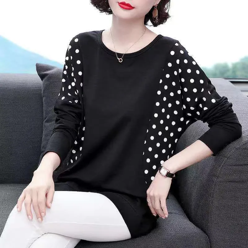 O Neck 100% Cotton T Shirt Woman Autumn Long Sleeve Plus Size T-shirt Loose Oversized Polka Dot Women s 220328