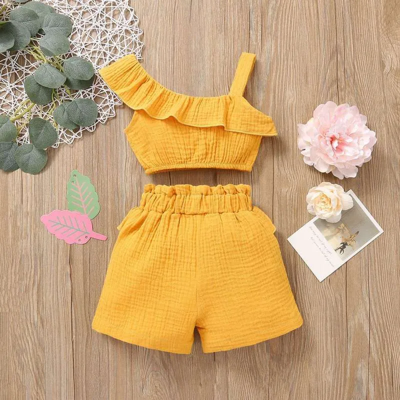 Summer Cute Baby Girls Clothes Sets One Shoulder Ruffles Tops Big Bow Printed Shorts Headband Boutique Kids Clothing Wholesale 220620