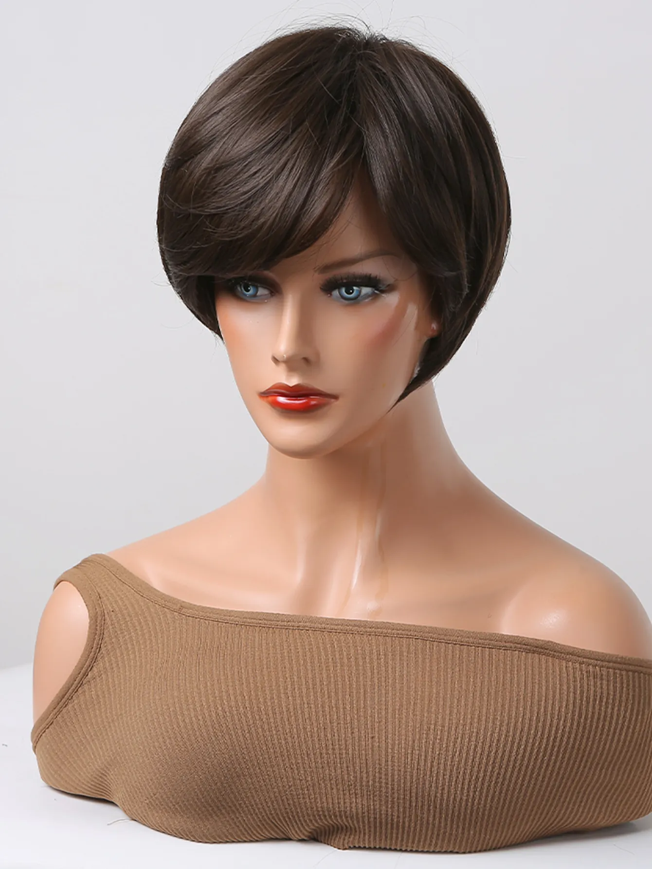 Parrucche sintetiche brevi parrucca naturale marrone scuro con frangia donne cosplay quotidiano party pixie taglia parrucche ad alta temperatura fibrefactory diretto