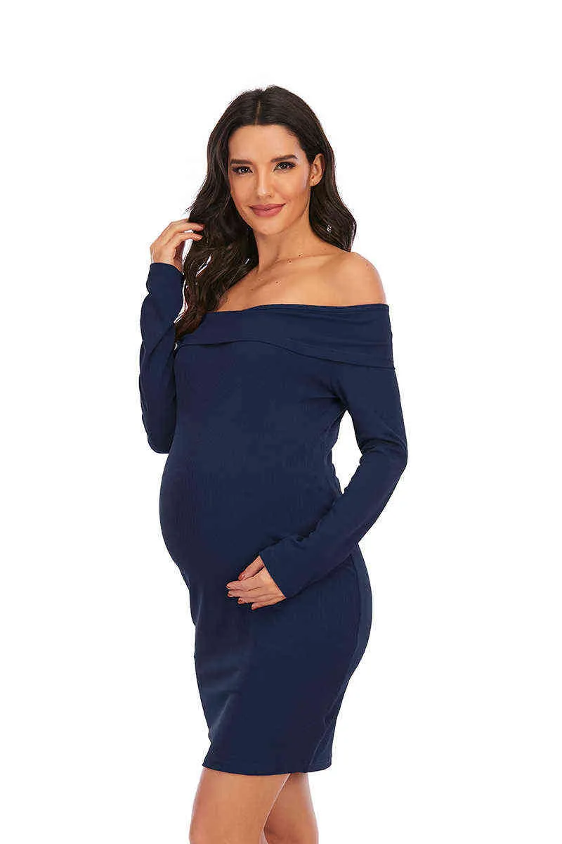 Maternity Dress Casual Solid Color One-shoulder Long-sleeved Dress for Pregnant Women Clothes Photography Sexy Skinny Vestidos G220309