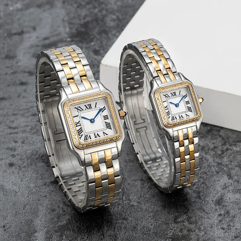 Los relojes de pareja de moda están hechos de acero inoxidable importado de alta calidad, cuarzo, elegante mesa de diamantes noble para mujer, 50 metros de agua, 288h.