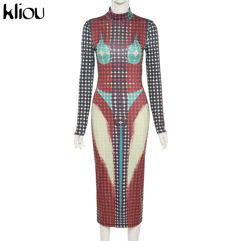 Kliou estética impressão maxi vestido feminino primavera mock pescoço manga longa bodycon saia feminina roupas magras y2k streetwear 220506248e