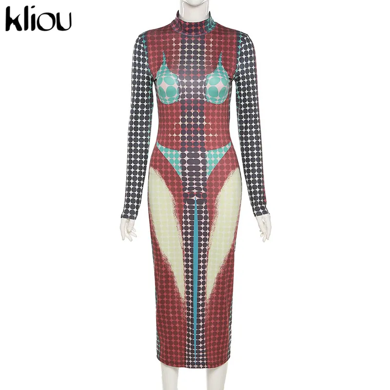 Kliou – robe Maxi imprimée esthétique pour femmes, col montant, manches longues, jupe moulante, vêtements slim, Streetwear Y2K, printemps 220506307R