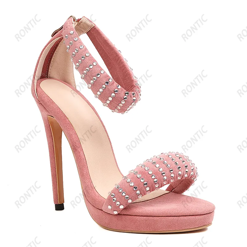 Rontik el yapımı kadın ayak bileği kayış sandaletleri fermuar sahte süet seksi stiletto topuk açık ayak parmağı güzel kırmızı pembe elbise ayakkabıları 5-16