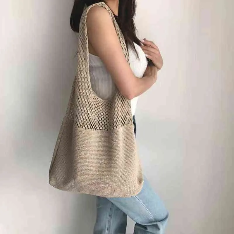 Evening Bag Han Wang samma eleganta enkla ihåliga stickade handhållna Single Shoulder Women's Vest Wool Versatile 0805