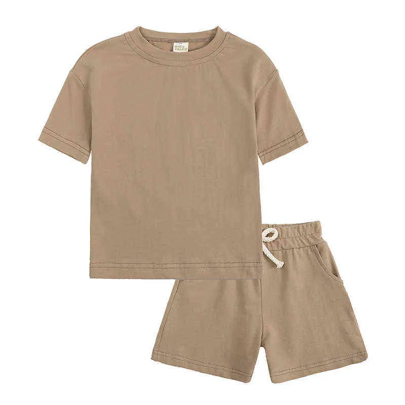 0-6 years old summer girl baby pit pattern sun printing solid color pullover 2022 new boy baby short-sleeved T-shirt shorts G220521