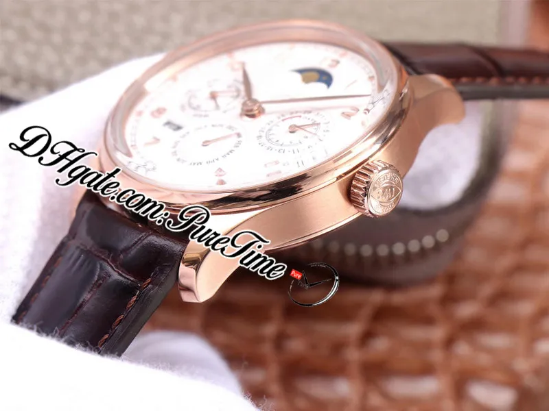 V9F 503302 Kalendarz wieczny A52610 Automatyczna męska zegarek Rose Gold White Dial Faza Moc Reserve Brąz skórzany pasek Super 226Y
