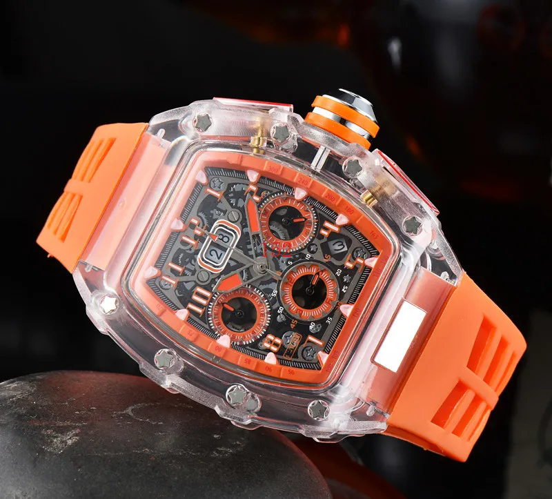 2022 Luxe Zes-pins Quartz Transparante Bezel Heren Automatisch Horloge Heren Designer Waterdicht watch289i
