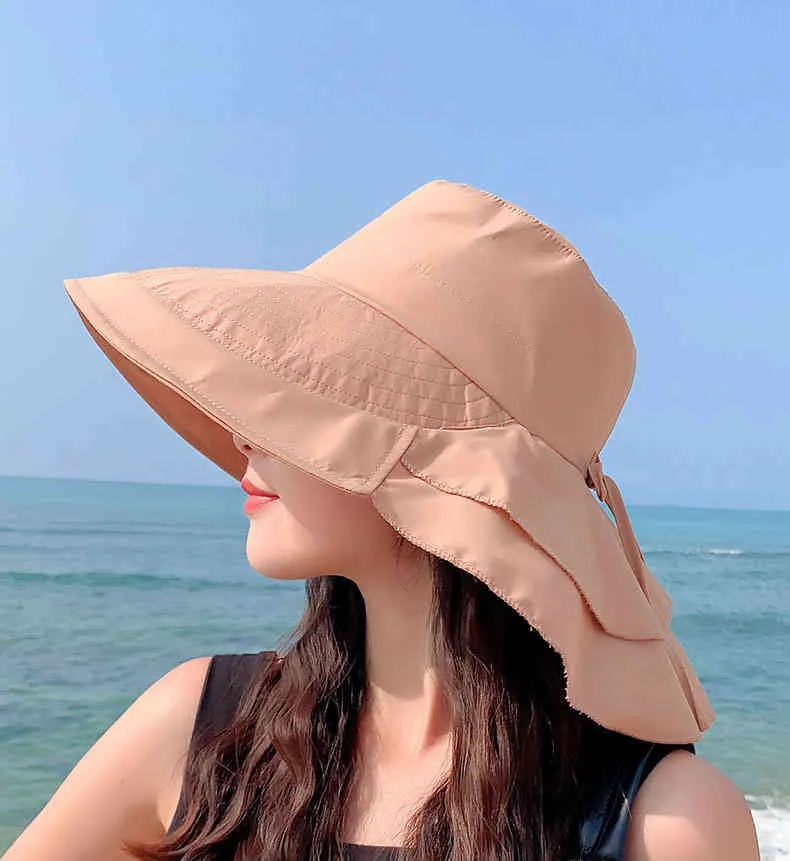 Neue Mode Frauen Sommer UV Schutz Sonne Weibliche Pferdeschwanz Eimer Hut Mit Hals Klappe Outdoor Reisen Strand Kappe